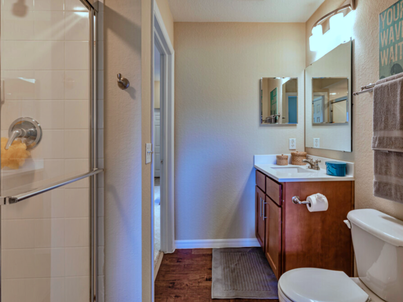 This image shows the newly renovated bathroom with high-end details and trendy vinyl plank flooring.