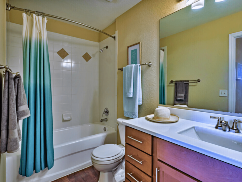 This image shows the newly renovated bathroom with high-end details and trendy vinyl plank flooring. It has a sophisticated mirror and a gorgeous bathtub with a unique style of a shower curtain.