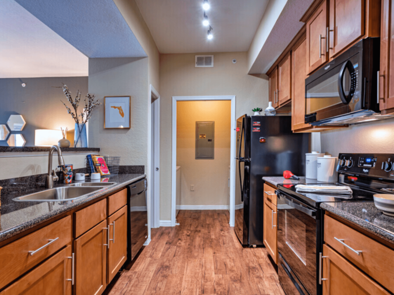 This image shows the newly renovated kitchen with high-end details. Trendy Vinyl Plank Flooring with fully equipped gourmet-inspired kitchen.